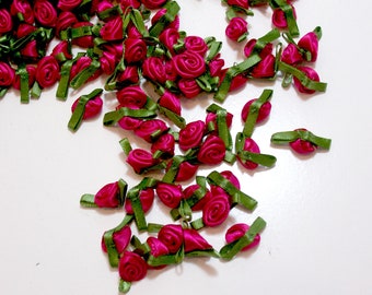 Pink Roses, Pink Flower Appliques, Offray Small Ribbon Rose Satin Flowers X 100 pieces, Fuchsia and Moss, 073