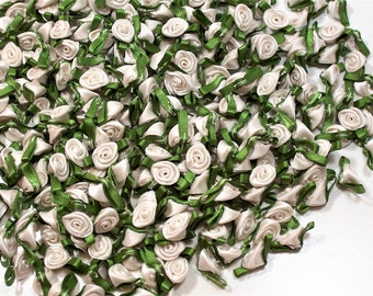 Ivory Roses, Ivory Flower Appliques, Offray Small Ribbon Rose Satin Flowers X 100 pieces, Ivory and Moss Green, 076