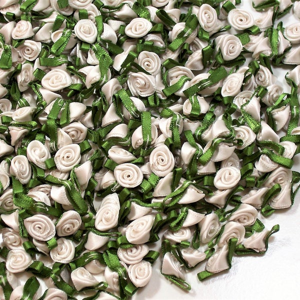 Ivory Roses, Ivory Flower Appliques, Offray Small Ribbon Rose Satin Flowers X 100 pieces, Ivory and Moss Green, 076