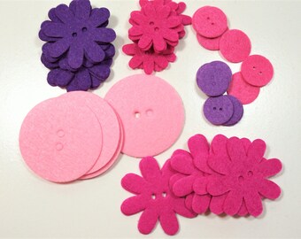 Felt Buttons, Pink and Purple Buttons x 48 Pieces, Flowers and Circles, Felt Pieces, 2 Hole Buttons, 598