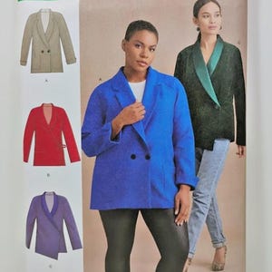 May include: Simplicity sewing pattern S8955 for a blazer in sizes 10-18. The envelope displays illustrations of three blazer variations in tan, red, and purple, alongside photographs of a blue double-breasted blazer and a dark green blazer.
