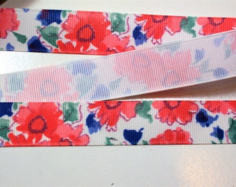 Flower Ribbon, Red and Blue Flower Grosgrain Ribbon 7/8 inch wide x 10 yards, Schiff Ribbon, 650