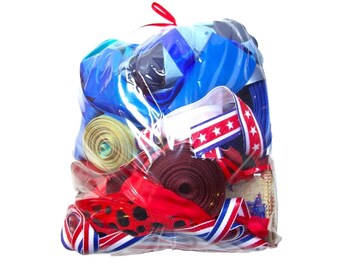 Ribbon Scrap Bag, Scrap Bag of Red and Blue Ribbon x 1 Pound, Remnant Bag, 011