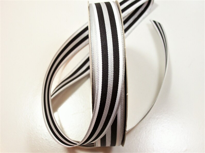 Striped Ribbon Schiff Ribbon Black White and Metallic Silver Stripe Grosgrain Ribbon 78 inches wide x 10 yards