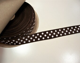 Brown Ribbon, Brown with White Polka Dots Rayon Cotton Grosgrain Ribbon 7/8 inch wide x 10 yards, SECOND QUALITY FLAWED, 348