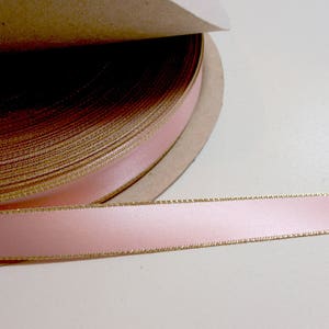 Pink Ribbon, Double-faced light pink gold edge satin ribbon 5/8 inch wide x 3 yards, Bin 16