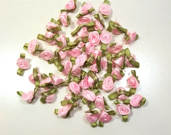 Pink Roses, Baby Pink Flower Appliques, Offray Small Ribbon Rose Satin Flowers X 40 pieces, Pink and Olive, 164