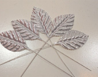 Metallic Silver Leaf Picks, Offray Art Leaf X 10 pieces, Small Silver Leaves, Florist Picks, 440