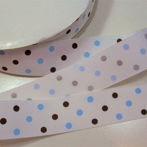 Gepunktetes Band, Weiss mit Braun und Wolkenblau gepunktetem Ripsband 1 1/2 Zoll breit x 10 Meter, Aspirin Dot Ribbon, Bin 46