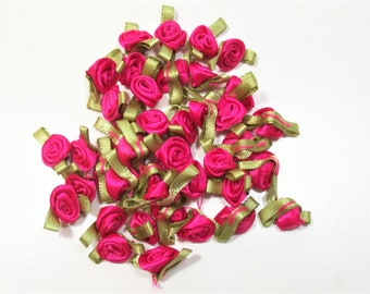 Pink Roses, Fuchsia Pink Flower Appliques, Offray Small Ribbon Rose Satin Flowers X 50 pieces, Pink and Olive, 600