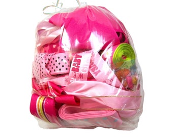 Pink Ribbon Scraps, Bag of Assorted Ribbon and Trim Scraps x 1 Pound, Ribbon Grab Bag, Ribbon Remnants, 664