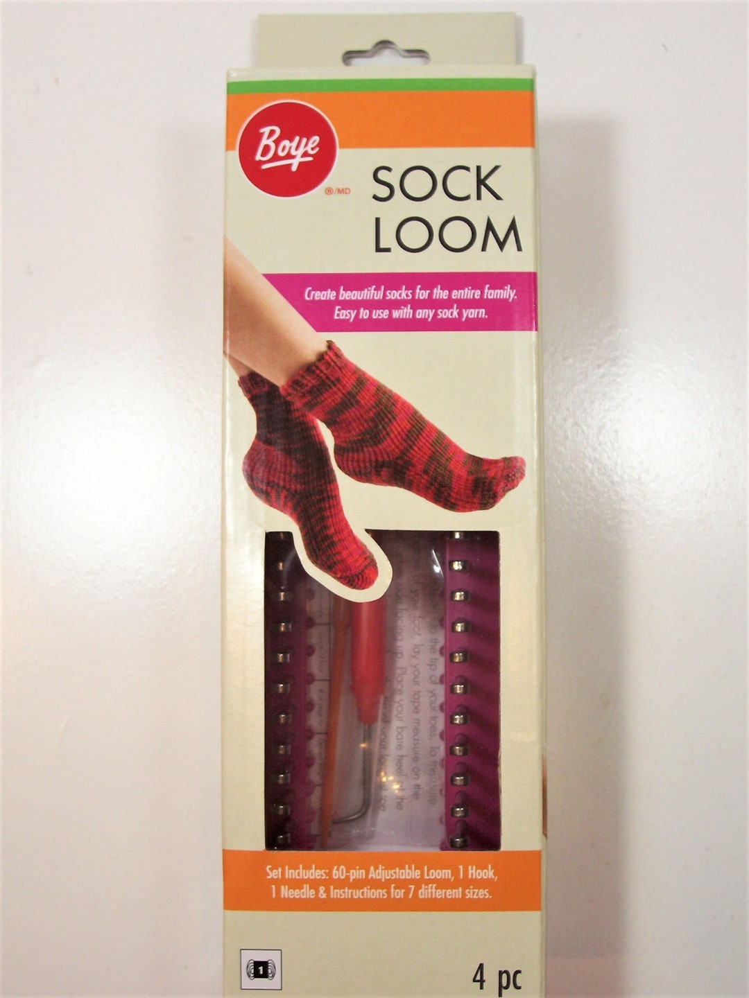 Boye Sock Loom, 4 Piece Set, 60 Pin Adjustable Loom, 1 Hook, 1 Needle