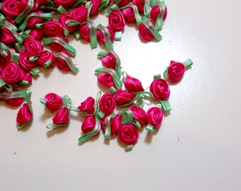 Pink Roses, Shock Pink Flower Appliques, Offray Small Ribbon Rose Satin Flowers X 100 pieces, Shock Pink and Mint Green, 062