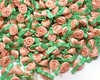 Peach Roses, Peach Flower Appliques, Offray Small Ribbon Rose Satin Flowers X 100 pieces, Pastel Peach and Mint, 078
