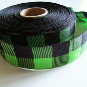 Green Ribbon, Apple Green and Black Check Plaid Ribbon 1 1/2 inches wide x 10 yards, Offray Lodge Plaid Ribbon, Buffalo Plaid Ribbon, Bin 21