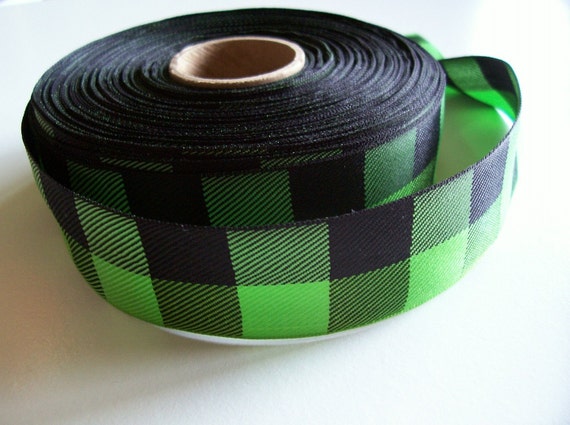 Green Ribbon, Apple Green and Black Check Plaid Ribbon 1 1/2 Inches Wide X  10 Yards, Offray Lodge Plaid Ribbon, Buffalo Plaid Ribbon, 631 