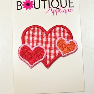 Plaid Heart Patch, Red Hearts Embroidered Iron on Patch, Heart Applique, Bin 15