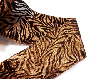 Copper and Black Flocked Wired Fabric Ribbon 4 inches wide x 5 yards, Offray Ribbon, Tiger Stripe