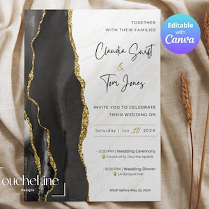 Puede incluir: Invitación de boda con un diseño de ágata negro y dorado. La invitación presenta los nombres "Claudia Saft & Tom Jones" y el texto "Juntos con sus familias, les invitan a celebrar su boda el sábado 10 de junio de 2024".