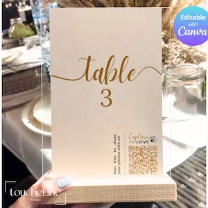 Gold Calligraphy Wedding Table Number Sign with QR Code (Editable Template)