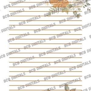 Peut inclure: Papeterie lignée avec des accents floraux. Le haut de la page présente le mot "Notes" en écriture manuscrite et un motif aquarelle de fleurs orange et blanches avec des feuilles vertes. Les lignes sont marron.