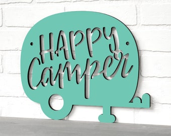 Happy Camper Wood Wall Art Camper Decor, Camper Welcome Sign Glamping Decor, Lazer Cut Wood Camping Wall Decal, Summer Camp Theme rv decor