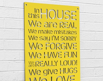 House Rules Carved Wood Wall Art Sign, Say Sorry Make Mistakes Be Real Forgive Others Laugh and Love, Large Wall Decor for Home Family Room