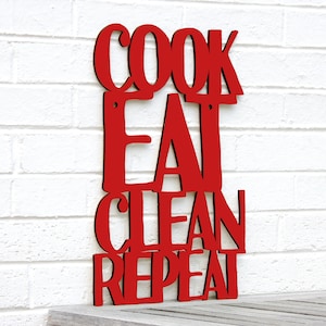 Cook Eat Clean Repeat funny Carved wood wall art kitchen sign, 60th birthday gifts for women, wooden Baking lovers gift, kitchen wall decor image 1