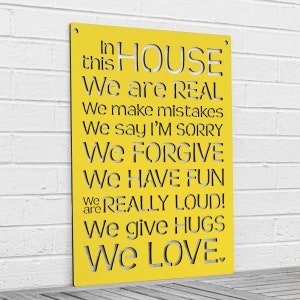 House Rules Carved Wood Wall Art Sign, Say Sorry Make Mistakes Be Real Forgive Others Laugh and Love, Large Wall Decor for Home Family Room Yellow