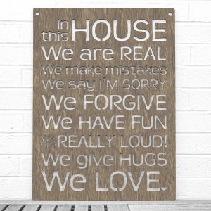 House Rules Carved Wood Wall Art Sign, Say Sorry Make Mistakes Be Real Forgive Others Laugh and Love, Large Wall Decor for Home Family Room Weathered Brown