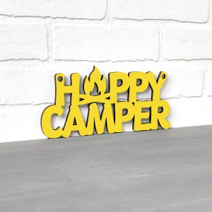 Happy Camper Wood Camping Signs, Wood Wall Art Camper Decor Wall Hanging, Modern Woodwork Rv Accessories, Lake Summer Quotes Wooden Signs Yellow