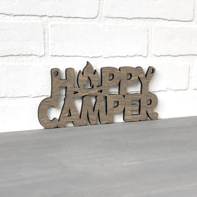 Happy Camper Wood Camping Signs, Wood Wall Art Camper Decor Wall Hanging, Modern Woodwork Rv Accessories, Lake Summer Quotes Wooden Signs Weathered Brown