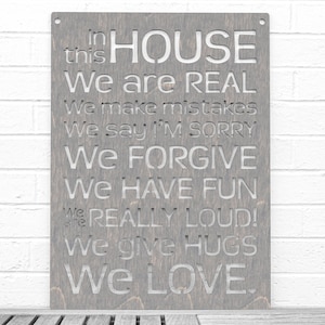 House Rules Carved Wood Wall Art Sign, Say Sorry Make Mistakes Be Real Forgive Others Laugh and Love, Large Wall Decor for Home Family Room Weathered Gray