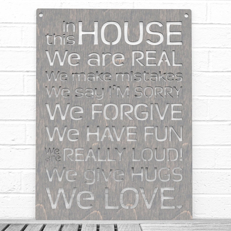 House Rules Carved Wood Wall Art Sign, Say Sorry Make Mistakes Be Real Forgive Others Laugh and Love, Large Wall Decor for Home Family Room Weathered Gray
