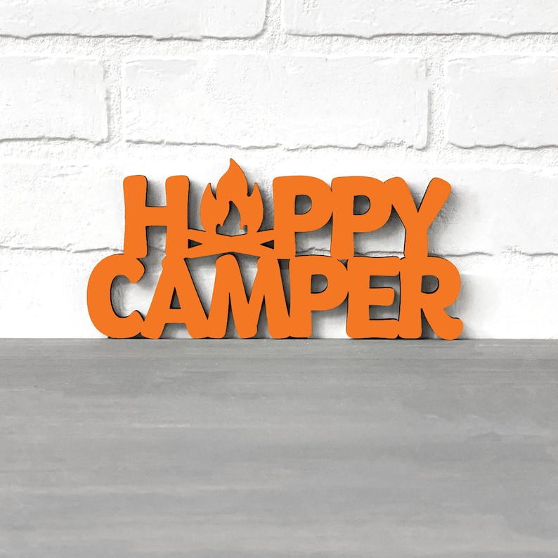 Happy Camper Wood Camping Signs, Wood Wall Art Camper Decor Wall Hanging, Modern Woodwork Rv Accessories, Lake Summer Quotes Wooden Signs Orange