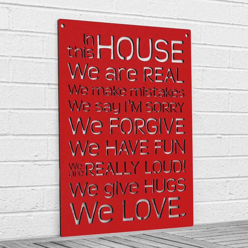 House Rules Carved Wood Wall Art Sign, Say Sorry Make Mistakes Be Real Forgive Others Laugh and Love, Large Wall Decor for Home Family Room Red