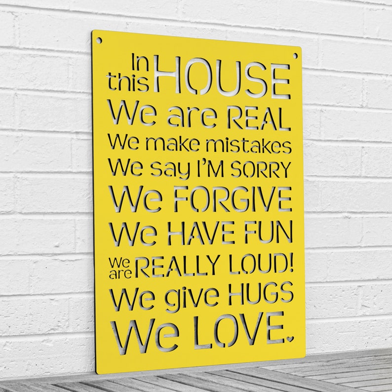 House Rules Carved Wood Wall Art Sign, Say Sorry Make Mistakes Be Real Forgive Others Laugh and Love, Large Wall Decor for Home Family Room Yellow