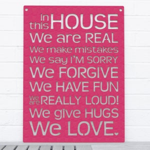 House Rules Carved Wood Wall Art Sign, Say Sorry Make Mistakes Be Real Forgive Others Laugh and Love, Large Wall Decor for Home Family Room Magenta