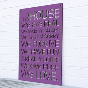 House Rules Carved Wood Wall Art Sign, Say Sorry Make Mistakes Be Real Forgive Others Laugh and Love, Large Wall Decor for Home Family Room Purple