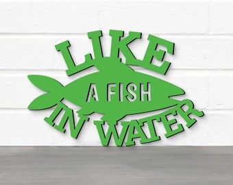 Like A Fish In Water Wood Carving Wall Art, Cute Wood Sign Pool Decor, Wooden Fish Decor Outdoor Pool Signs, Summer Quotes Cabin Signs