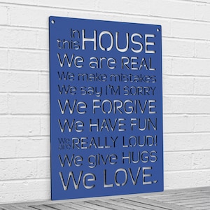 House Rules Carved Wood Wall Art Sign, Say Sorry Make Mistakes Be Real Forgive Others Laugh and Love, Large Wall Decor for Home Family Room Blue