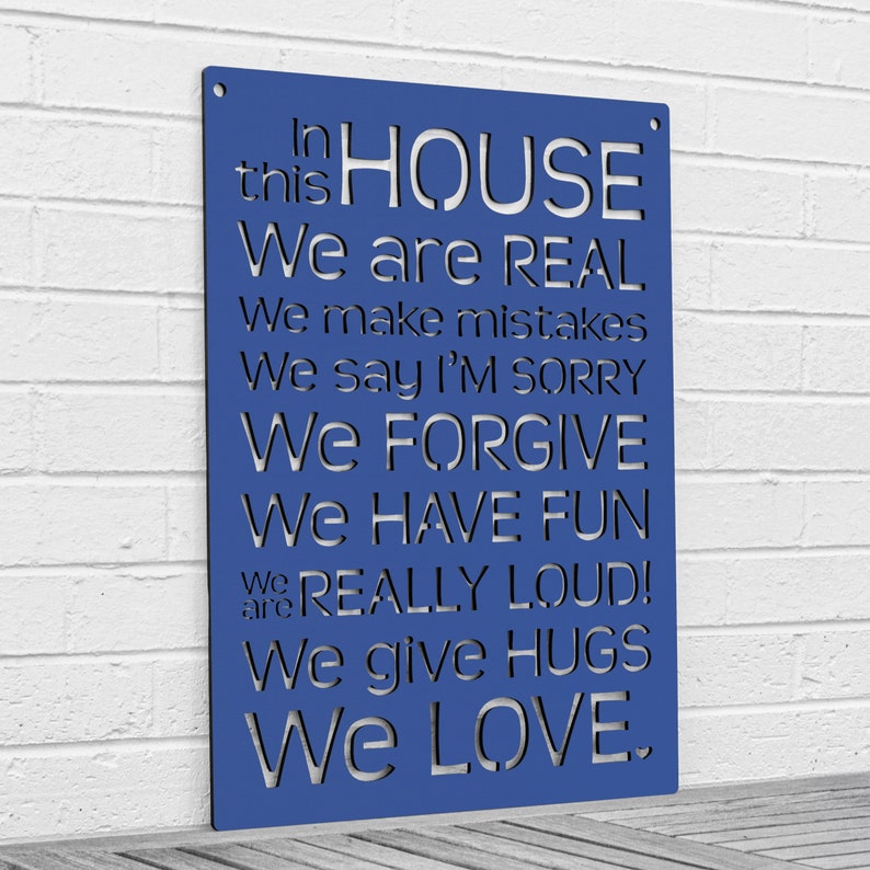 House Rules Carved Wood Wall Art Sign, Say Sorry Make Mistakes Be Real Forgive Others Laugh and Love, Large Wall Decor for Home Family Room Blue