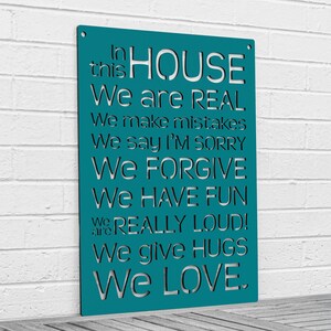 House Rules Carved Wood Wall Art Sign, Say Sorry Make Mistakes Be Real Forgive Others Laugh and Love, Large Wall Decor for Home Family Room Teal