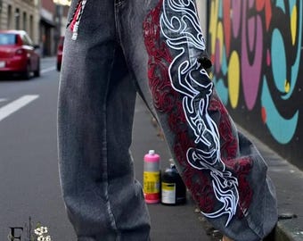 Baggy Jeans Y2K Broderad - Vintage Vida Ben Denim