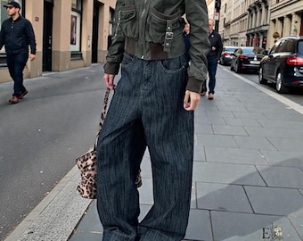 Retro Blue High Waist Baggy Jeans, Y2K Hip Hop Streetwear American Style Wide Leg Straight Denim Pants Vintage Aesthetic Pants for Men/Women