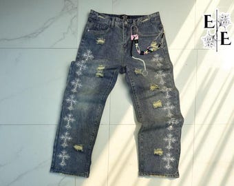 Embroidered Cross Patch Baggy Jeans, Y2K Streetwear Denim, Hip Hop Urban Wear, Birthday Gift