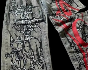 Embroidered Baggy Jeans, Unisex Y2K Gothic Harajuku Streetwear