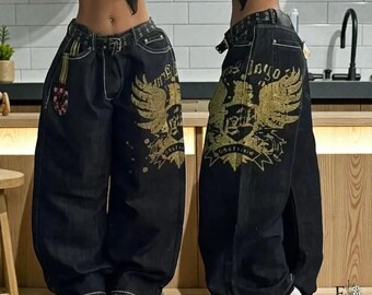 Pantalones vaqueros vintage estilo hip-hop punk rock americanos, versátiles, estilo Harajuku Y2K, estilo gótico, rectos y anchos, para mujer, regalo para ella.