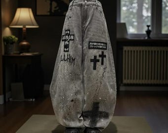 Gothic Punk Wide Leg Jeans, Washed Splatter Paint, Y2K Streetwear