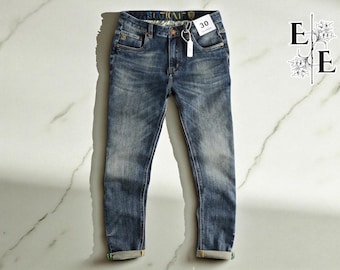 Men's Slim Fit Dark Blue Stretch Denim Jeans: Waist Embroidery Detail